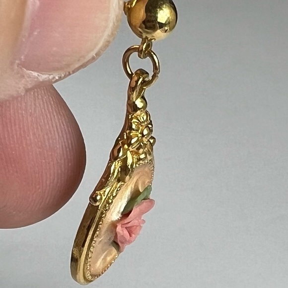 Pendant and earrings set pink rose China on swirl enamel and gold - Picture 10 of 10